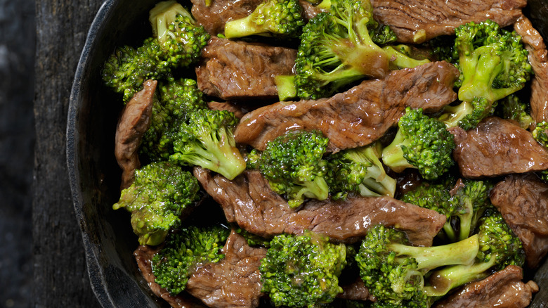 Beef and broccoli in skillet