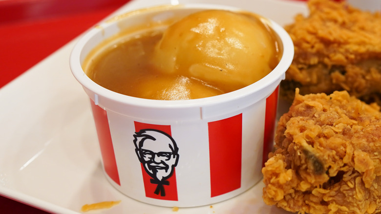 KFC mashed potatoes and gravy with fried chicken