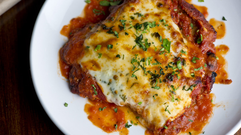 Chicken Parmesan on white plate