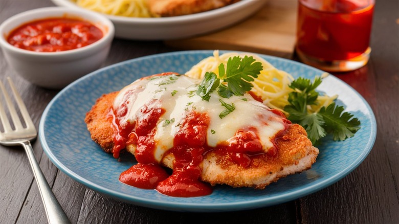 Chicken Parmesan dish in kitchen