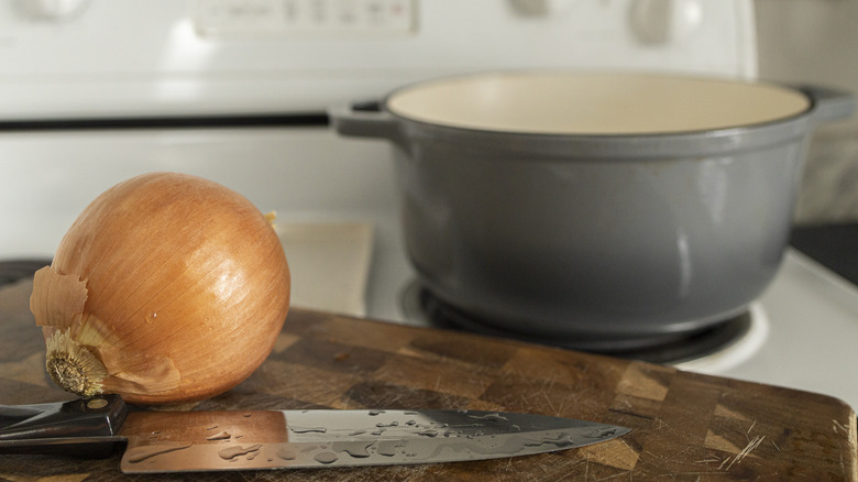 Onion and knife on cutting board near pot of water