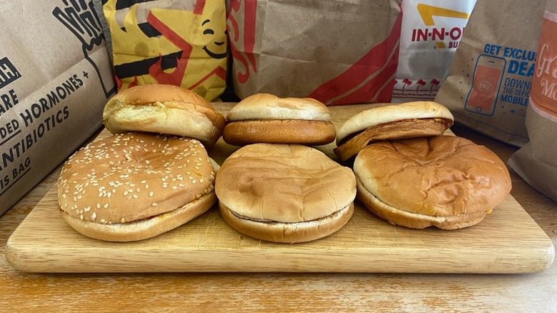 Six fast food hamburger buns