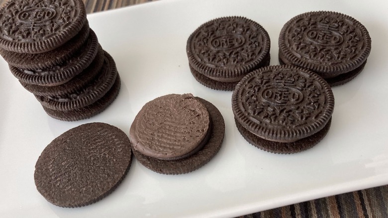 Oreos stacked on plate