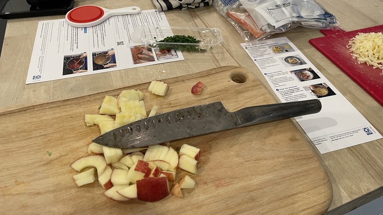 food and a knife on a counter