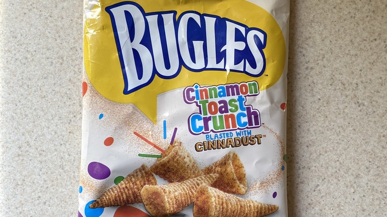 Close-up of Cinnadust label on Bugles bag