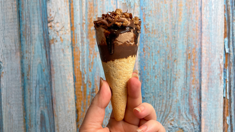 single chocolate butter cookie ice cream cone