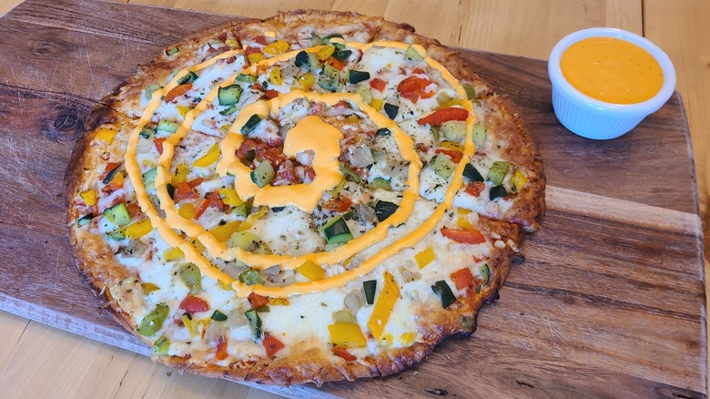 cheez-it ranch dressing on a pizza