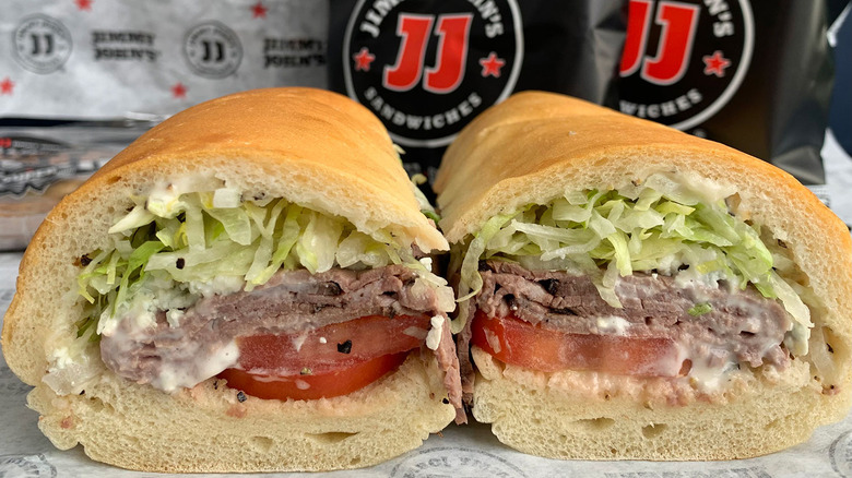 halves of Jimmy John's Beefy Black & Bleu Sandwich