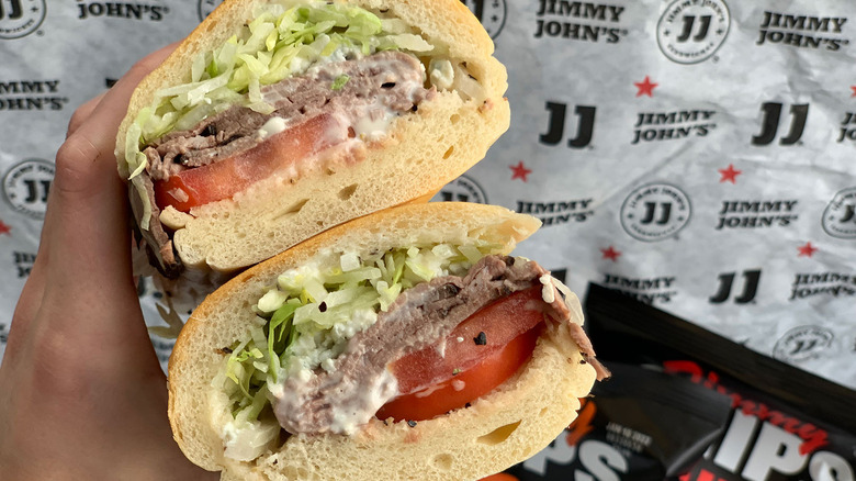 two halves of Jimmy John's Beefy Black & Bleu Sandwich