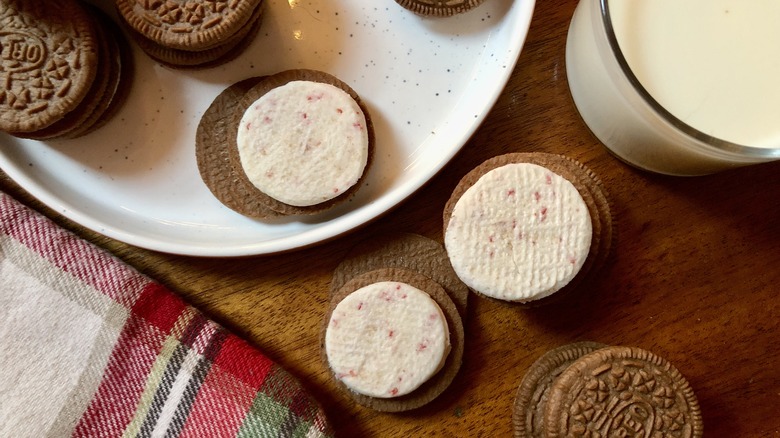 limited edition gingerbread oreo cookies split open to show the crunchy sugar creme filling