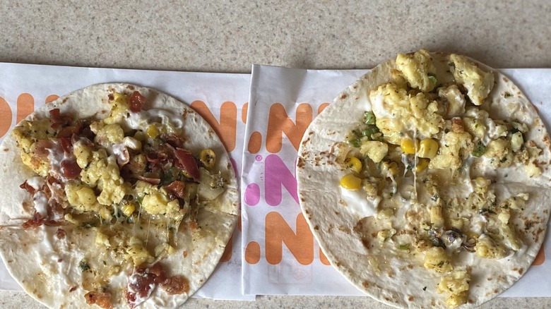 Both Dunkin' Breakfast Tacos on counter