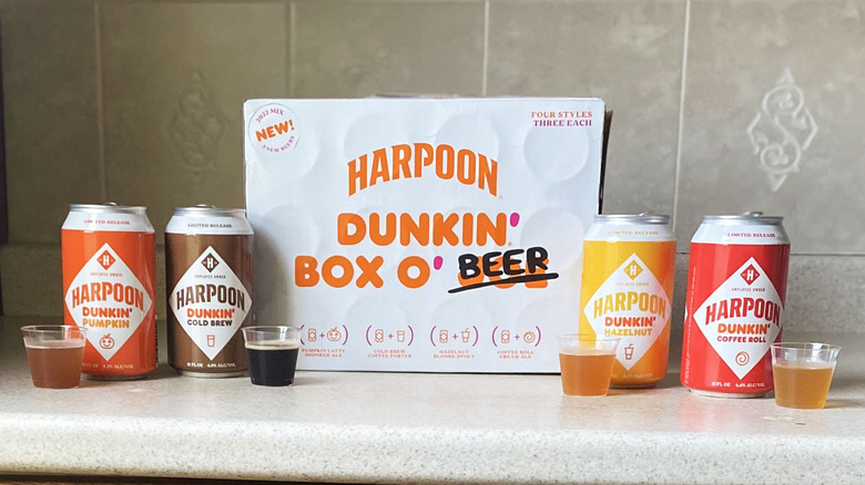 Each Harpoon Dunkin' beer sitting on box