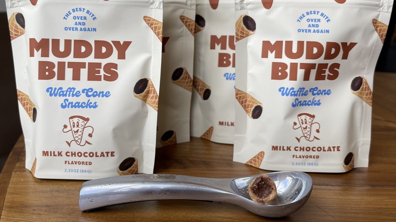 muddy bites close up packaging and product chocolate waffle cone 