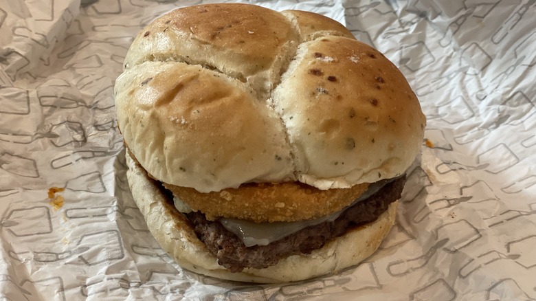 a close up of a burger