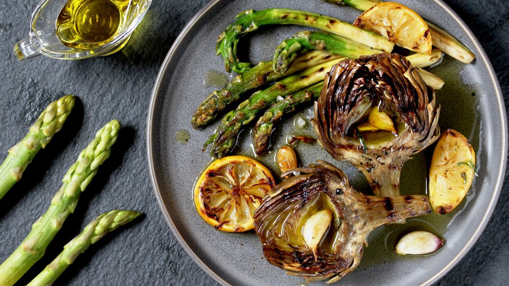 Grilled asparagus and artichokes at a fancy restaurant