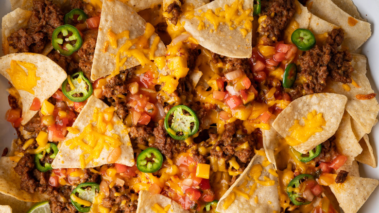 close up of loaded nachos