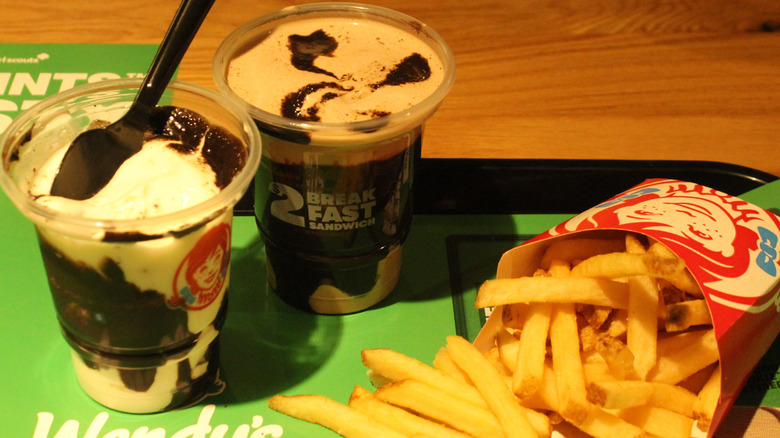 Two Thin Mint Frostys with fries