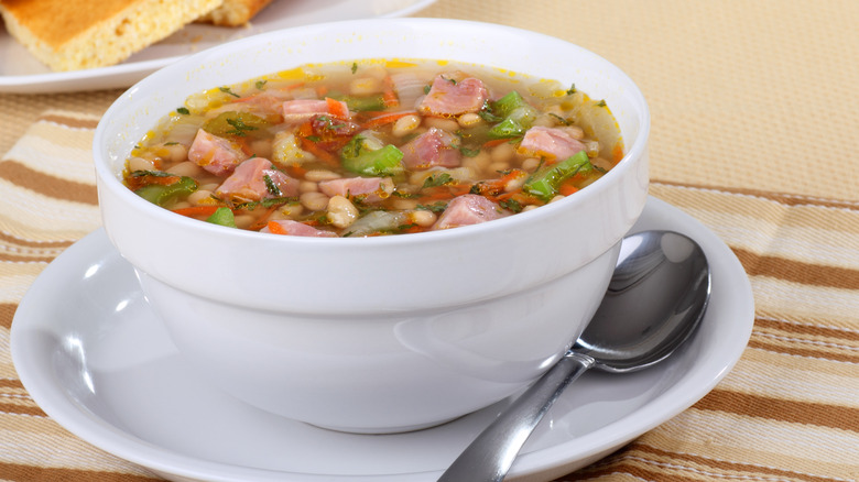 bowl of soup with ham