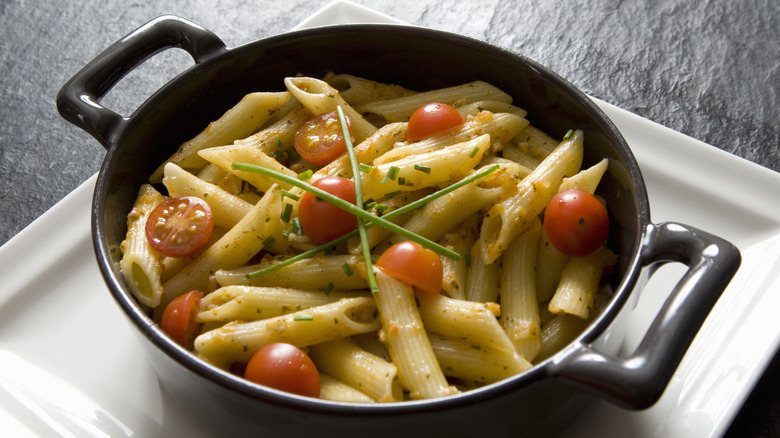 pan of pasta with tomatoes