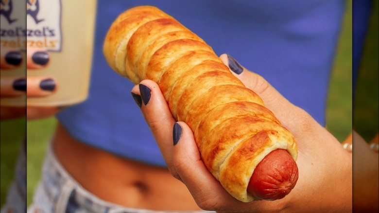 hand holding Wetzel's hot dog