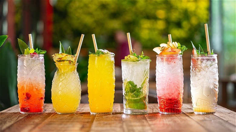 Line-up of tiki drinks