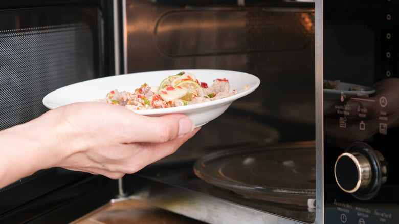 Bowl of food being placed into the microwave