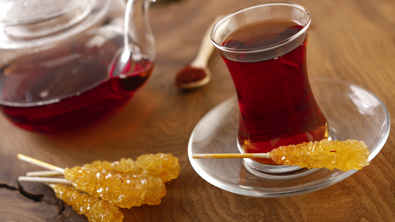 Hot Persian tea with rock candy sugar