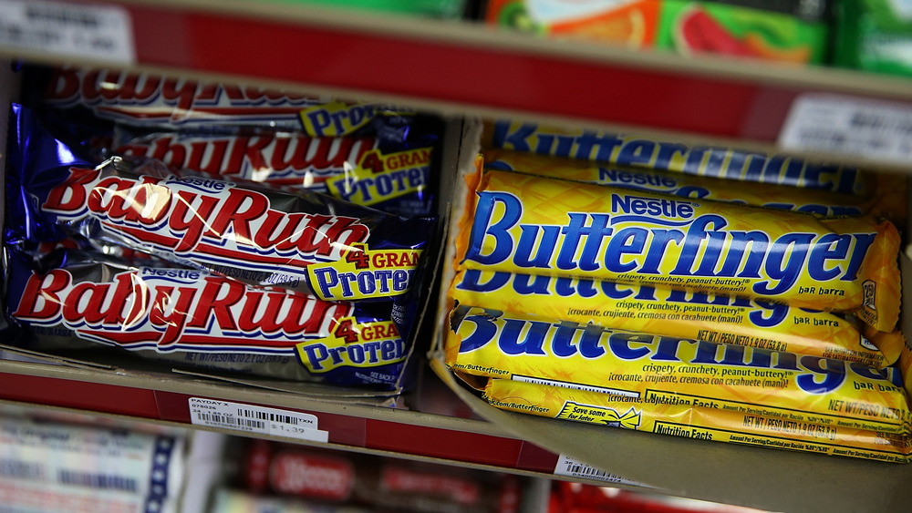 Baby Ruth and Butterfinger candy bars on shelf