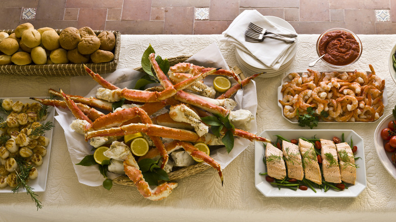 Assorted dishes at seafood buffet