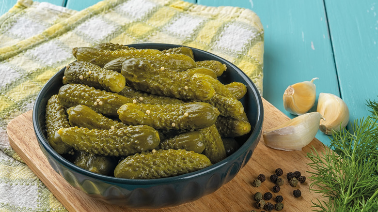 Cornichons in a blue bowl