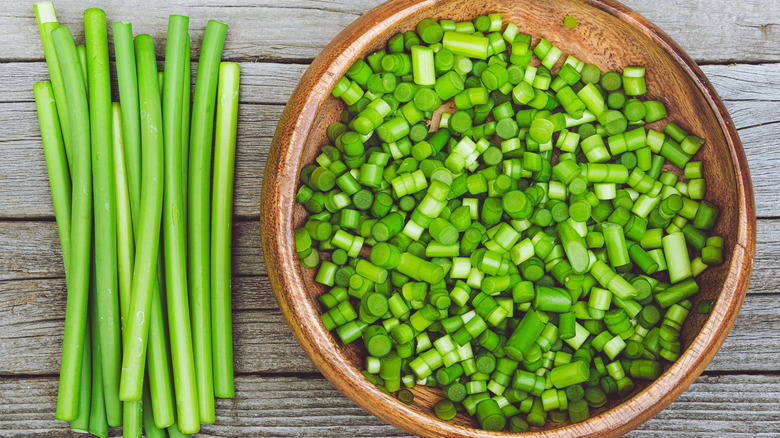 Garlic scapes chopped up