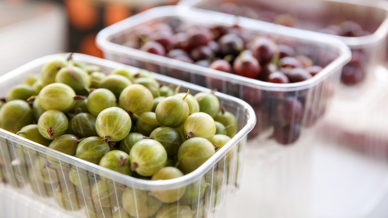 Gooseberries in plastic trays