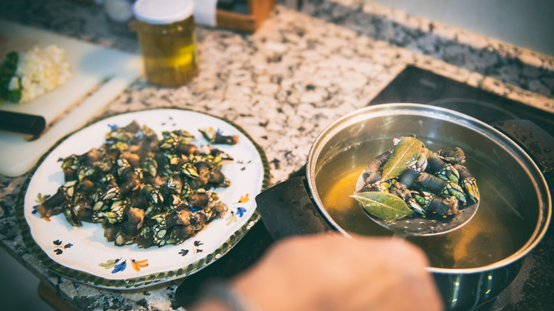 Gooseneck barnacles in a silver pot