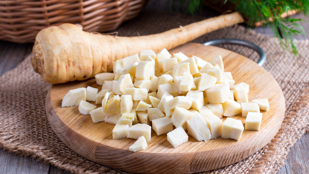 Diced parsnip on a cutting board