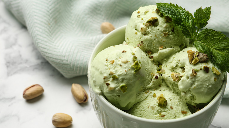 Bowl of pistachio ice cream