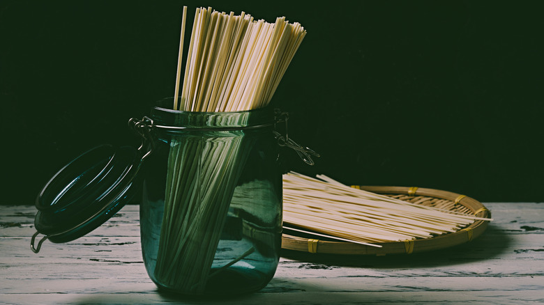 dried soba noodles in jar