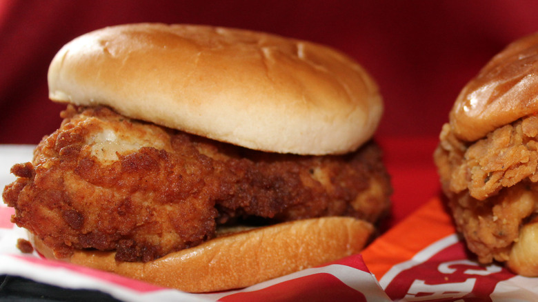 Chick-fil-A spicy chicken sandwich sitting on top of a wrapper