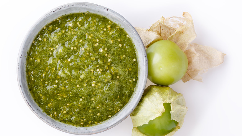 Raw tomatillos and salsa verde