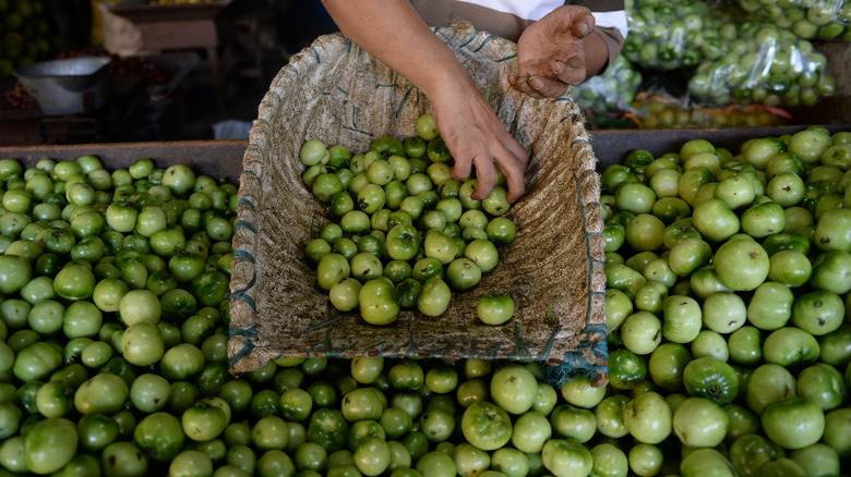 Green tomatoes in market