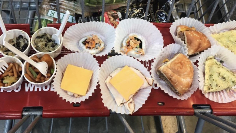 array of costco samples on shopping cart