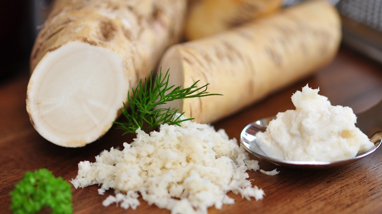 horseradish root with grated horseradish