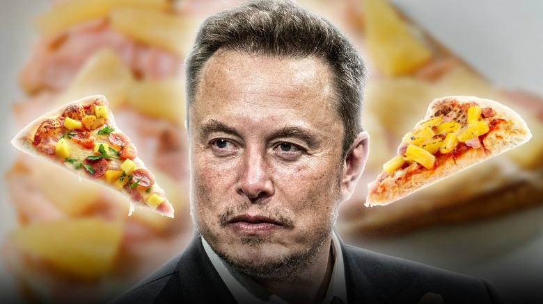 Elon Musk with slices of pizza next to him