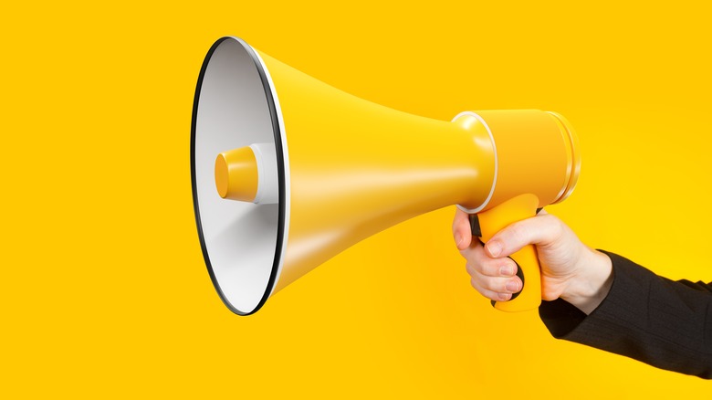 person holding yellow megaphone