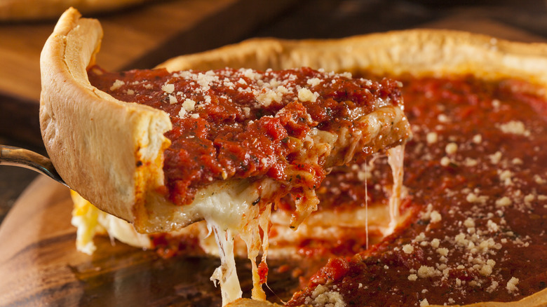 slice of deep dish pizza