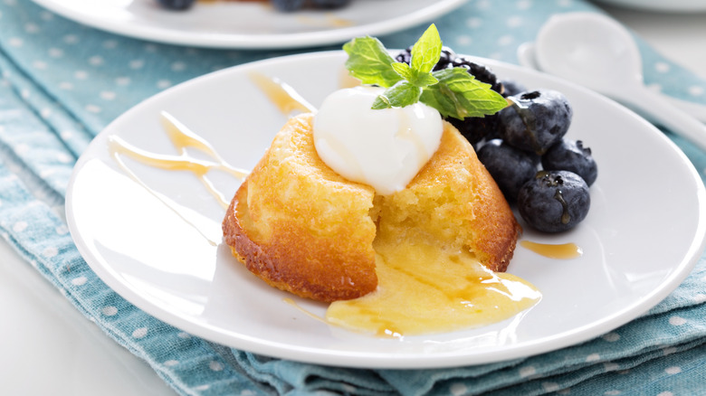 White chocolate lava cake on plate