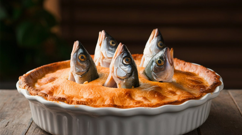 fish emerging from pie