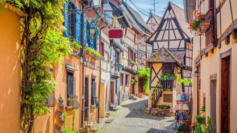 Alsace Lorraine region of France, cobble stone road with Alsacienne houses