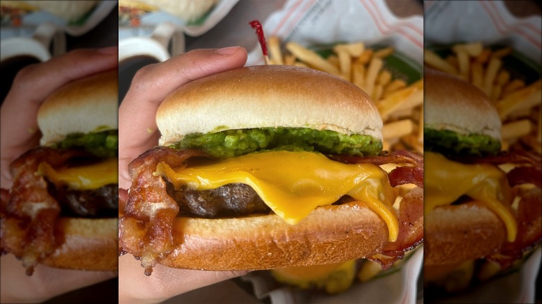 Hand holding Farmer Boys cheeseburger