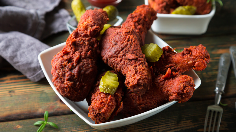 Nashville hot chicken in white dish