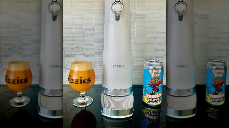 Fizzics machine with can and glass of beer